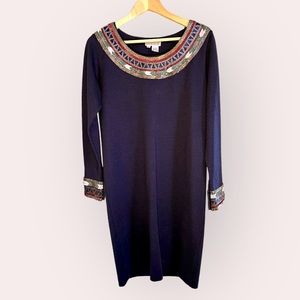 Horchow vintage navy knit dress wi stunning beaded collar cuffs small wool midi‎